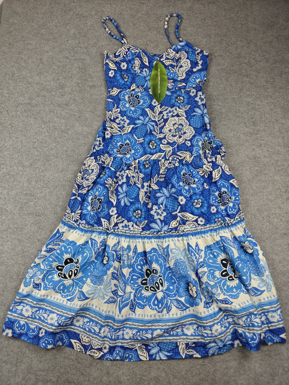 Farm Rio Dress Womens M Blue Full Of Flowers Midi Sundress Floral Lined Beaded